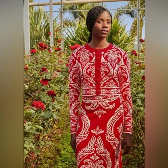 Farm Rio Sweaters - Farm Rio Tropical Jacquard Knit Cardigan Sweater Women's Size XL Red White